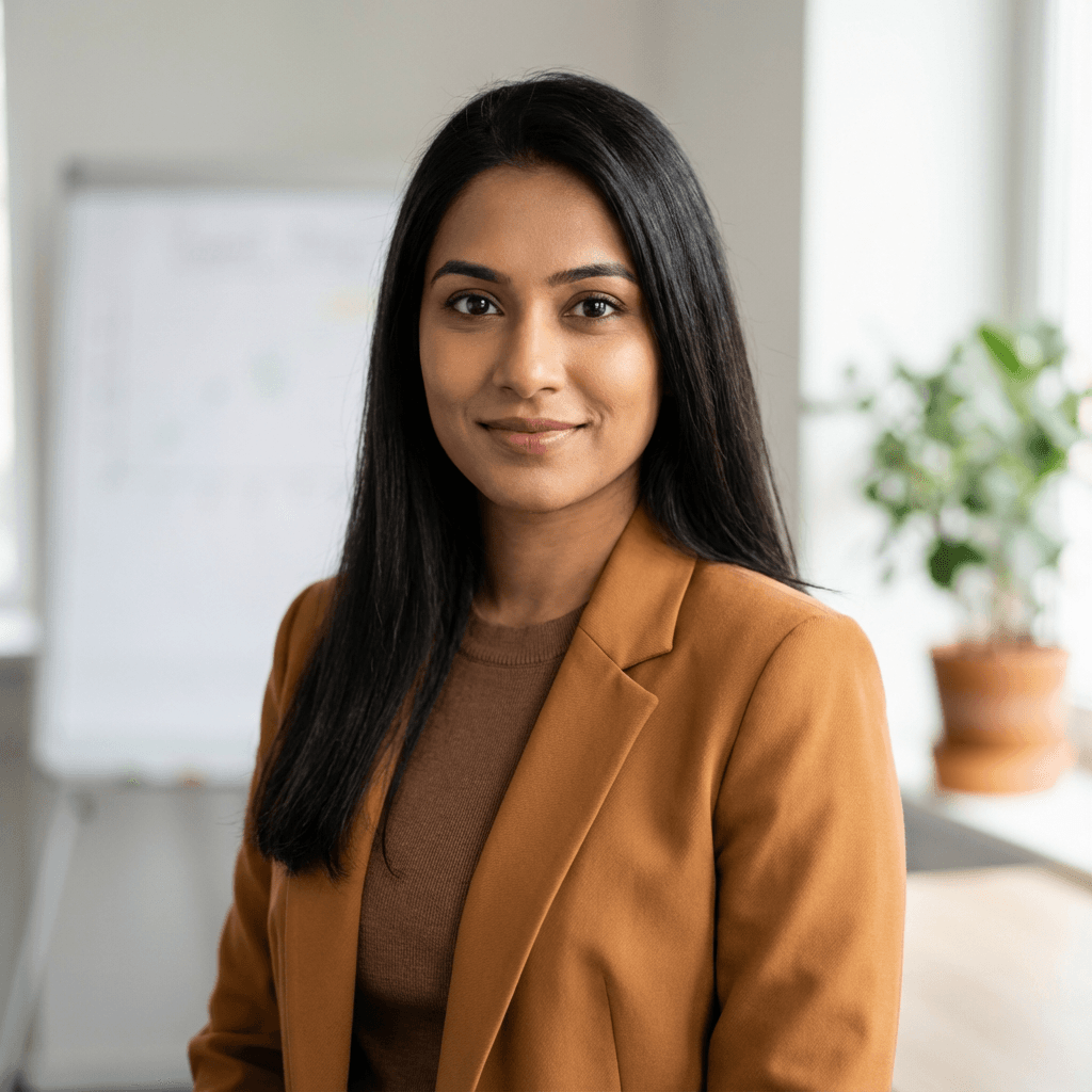 Female market analyst in her early 30s, East Asian, professional demeanor, in a bright office