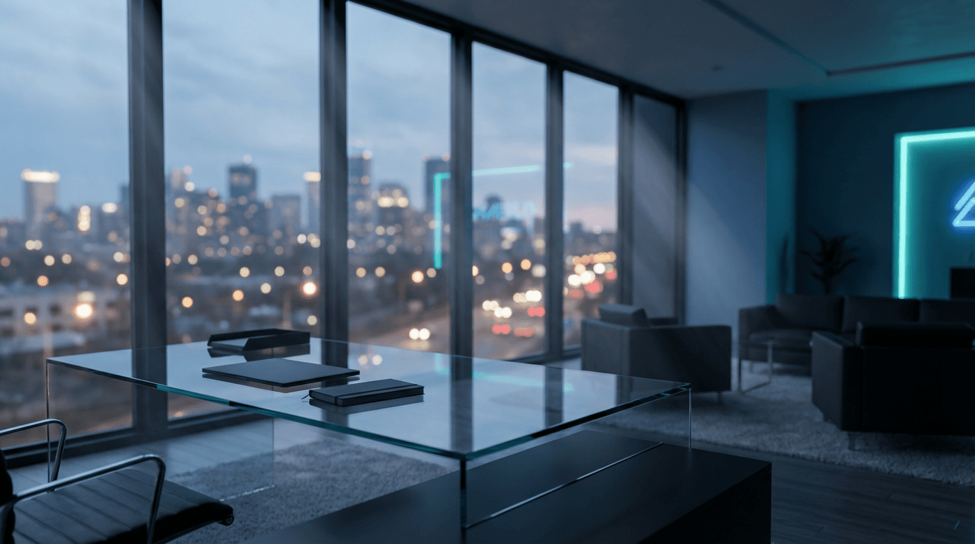 Modern corporate office with a view of the city skyline