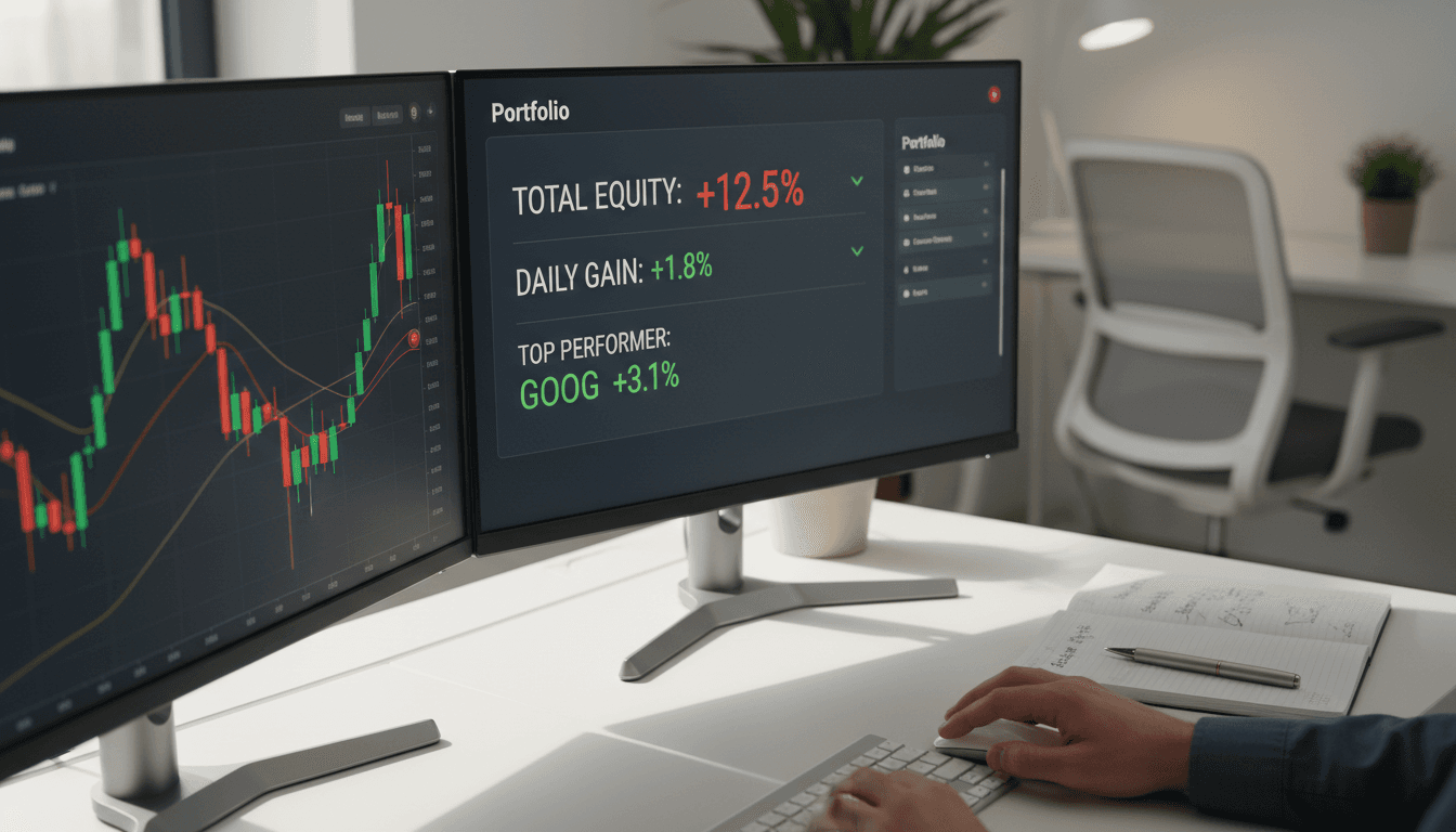 Stock market charts displayed across monitors in a dark, modern financial office
