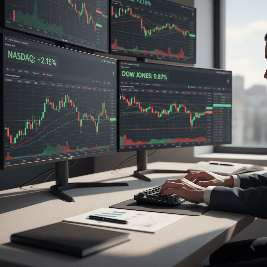 Financial analyst reviewing stock data across monitors in a modern office