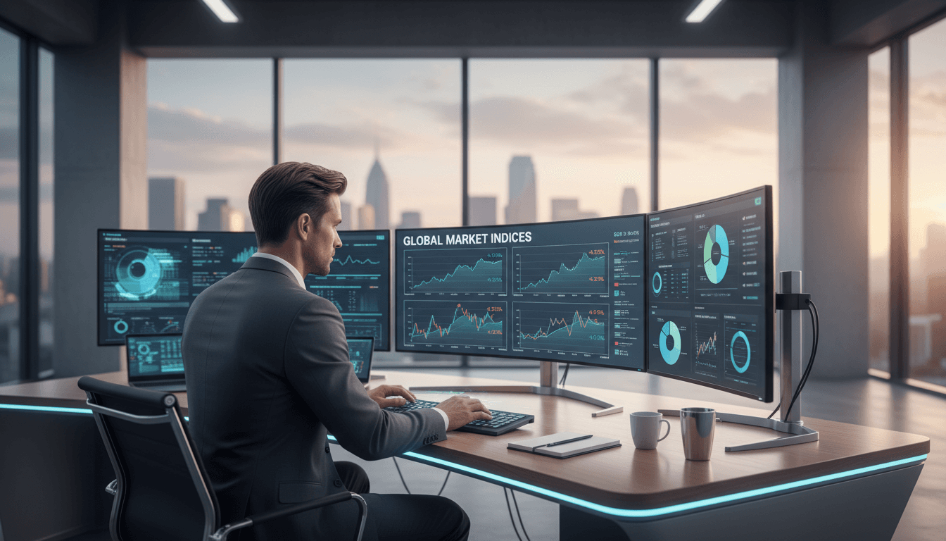 Financial analyst studying stock charts on a large monitor in a modern office