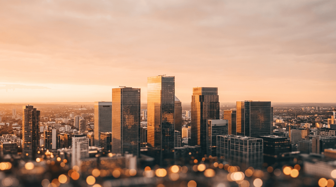 Modern financial district skyline with glass buildings and blue sky