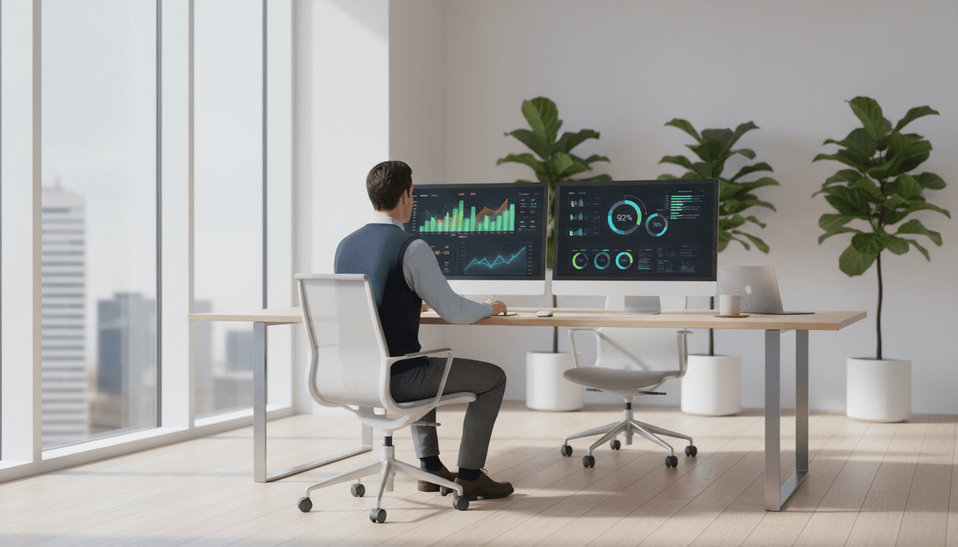 Analyst reviewing financial charts on a monitor in a modern office
