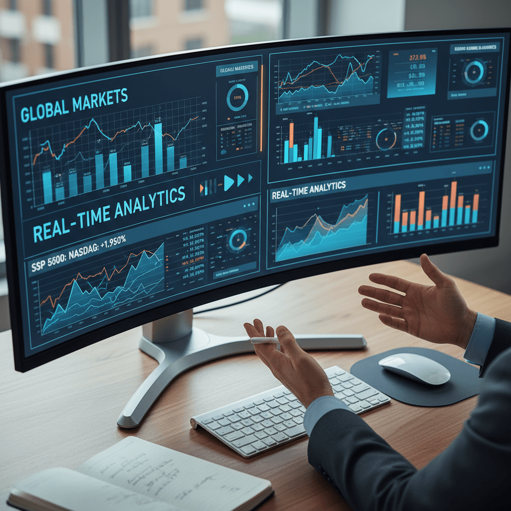 Financial analyst in a modern office analyzing stock market data on screens